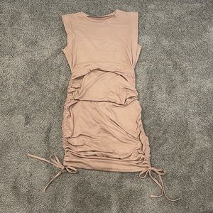 Taupe Women's Casual Shoulder Pad T-Shirt Mini Dress Summer Bodycon Ruched.